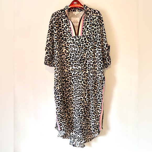 NWT Entro Leopard-Print Caftan Midi Dress with Pink/Brown Trim Large - Picture 2 of 8